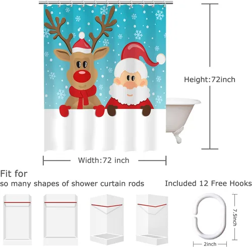 Vista 5 de LIVILAN Cortina de ducha de Navidad, diseño de Papá Noel y reno con 12 ganchos, cortina de baño decorativa de Navidad de tela de dibujos animados
