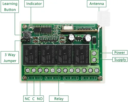Vista 4 de Interruptor Remoto de Relé de 12V Interruptor de Control Remoto Inalámbrico RF Módulo de Relé de 4 Canales Transmisor de 433Mhz Kit Receptor