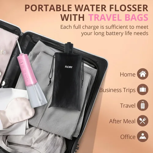 Vista 5 de Paquete de 2 irrigadores dentales de agua para dientes, portátil inalámbrico para parejas, hilo dental de agua de viaje con 3 modos y 12 puntas