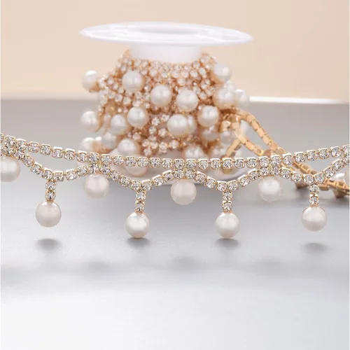 Vista 9 de Jerler Cadena de diamantes de imitación de cristal de 1 yarda, cuentas de perlas incrustadas para decoración de bricolaje y adornos de novia, ideal