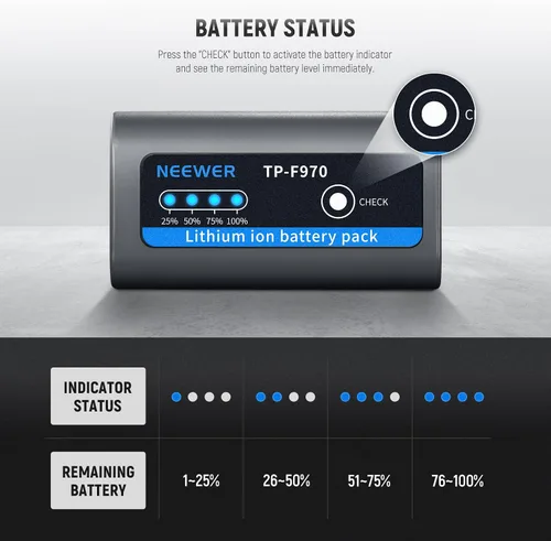 Vista 4 de Neewer Batería de repuesto NP-F970 de 10500 mAh, tiempo de carga completa de 4.8 horas, cable USB C de carga rápida PD de 20 W, batería recargable
