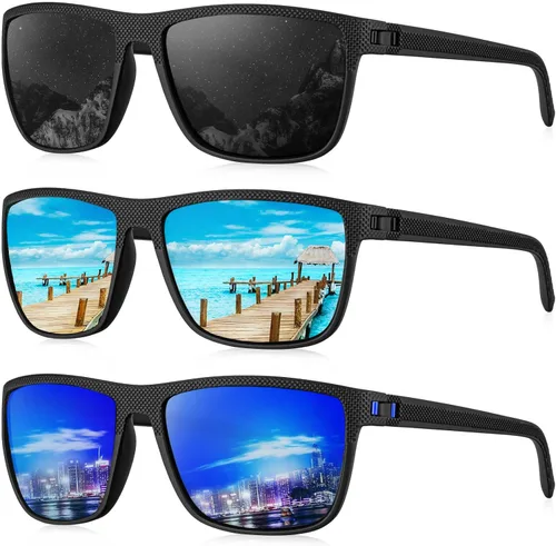 Vista 41 de KALIYADI Gafas de sol polarizadas para hombre, gafas de sol ligeras con protección UV para conducir, pescar y jugar golf (3 unidades) Negro