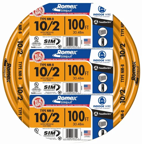Vista 2 de Southwire 28829026 - Cable Romex Simpull de 15 pies, tipo NM-B, calibre 10/2 AWG, con toma a tierra