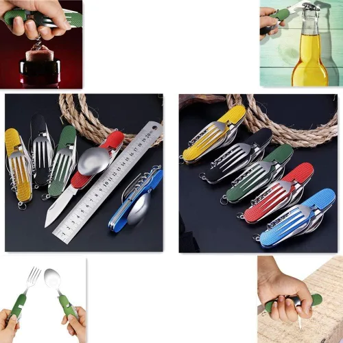 Vista 5 de Juego de cubiertos multifunción 6 en 1 para acampar, cuchara desmontable, tenedor, cuchillo, kit combinado con bolsa de transporte