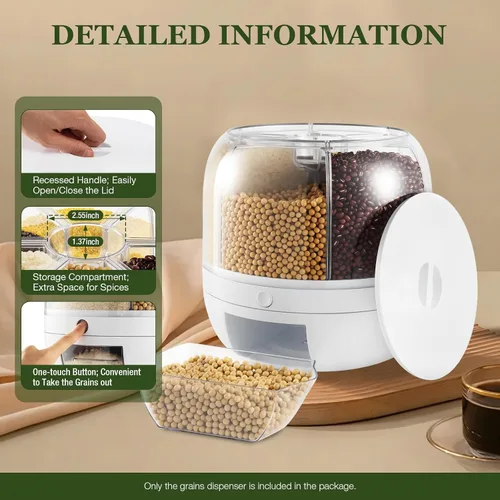 Vista 7 de LOYALHEARTDY Dispensador de arroz y granos de 6 rejillas, contenedores de arroz automáticos giratorios de 360°, cubo de arroz de 13 libras con taza