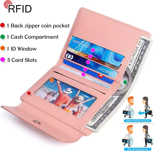 Vista 3 de GEEAD Billeteras pequeñas de piel sintética con bloqueo RFID para mujer, cartera delgada para múltiples tarjetas para mujer con bolsillo