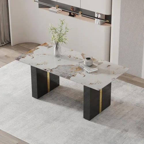 Vista 2 de Mesa de comedor moderna para mesa de comedor de mármol sintético blanco de 6, 8, 71 pulgadas, con patas negras y doradas, mesa de cocina rectangular