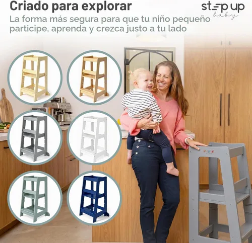 Vista 8 de Taburete de madera ajustable de 3 niveles para niños pequeños, color gris