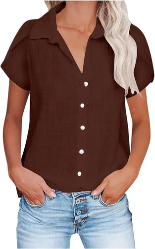 Vista 10 de Camisetas de verano para mujer, de manga corta, pétalos, de lino, con bolsillo, casual, con botones, blusas básicas