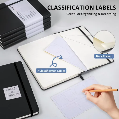 Vista 5 de Cuaderno diario rayado para mujeres y hombres, 200 páginas A5 diarios de tapa dura de cuero para escribir, viajes, escuela, oficina, trabajo, Negro