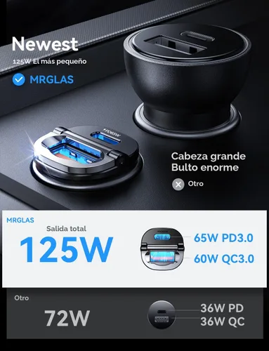 Vista 2 de 【Actualizado】 Cargador de coche de 125 W USB C carga rápida para iPhone 18 Negro