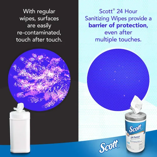Vista 4 de Scott Toallitas desinfectantes 24 horas – Limpieza y desinfección multisuperficie, desinfección continua durante 24 horas – (41526), 50 paquetes x