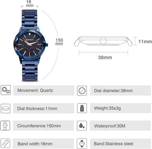 Vista 5 de RORIOS Relojes de cuarzo analógicos de moda con banda de acero inoxidable con esfera de cielo estrellado para niñamujer impermeable, Azul, Relojes
