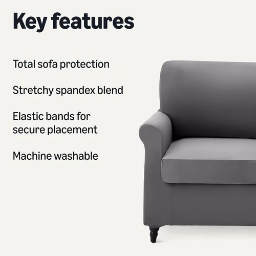 Vista 2 de Amazon Basics Funda elástica de spandex para sofá con parte inferior elástica, sofá de dos plazas, mediano, gris oscuro