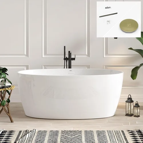 Vista 36 de FerdY Tahití - Bañera de acrílico independiente de 55 pulgadas, elegante bañera de remojo de forma ovalada, blanco brillante, drenaje dorado