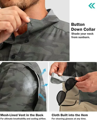 Vista 5 de Camisas de pesca para hombre con bolsillos con cremallera, UPF 50+, ligeras, frescas, de manga corta, con botones, para hombre, casual, senderismo