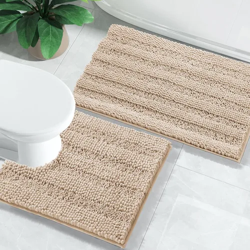 Vista 30 de Yimobra Juego de 2 alfombras de baño de felpilla suave y absorbente y alfombra para inodoro en forma de U, antideslizante, lavable a máquina
