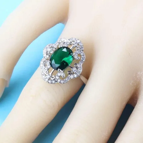Vista 6 de Juego de joyas de plata de ley 925 para boda, aretes de circón verde, collar, pulsera y anillo para mujer