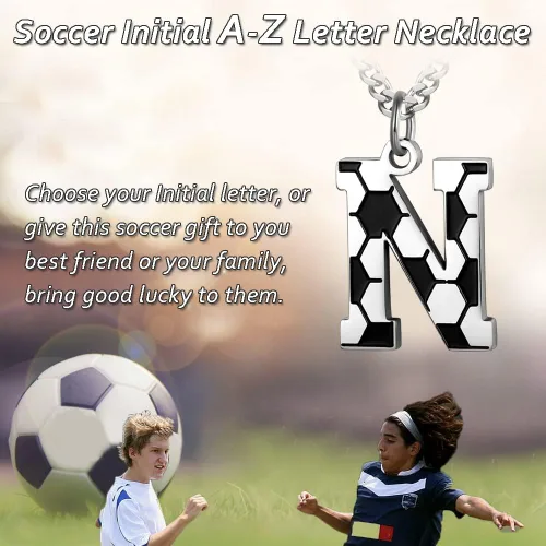 Vista 2 de AIAINAGI Collar con inicial de fútbol A-Z para niños, dije de acero inoxidable, cadena de plata de 22 pulgadas, regalo de fútbol personalizado