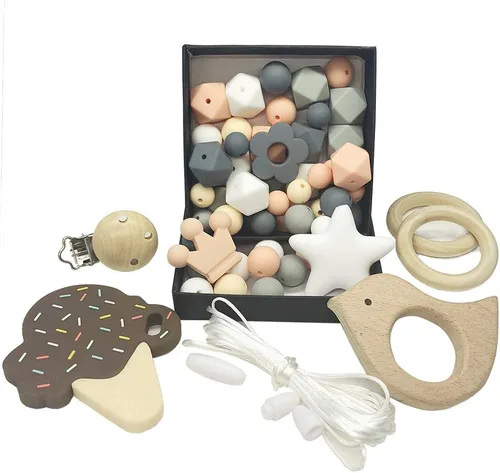 Vista 4 de DIY cuentas de silicona helado conjunto collar pulsera silicona hexágono perlas anillo de madera