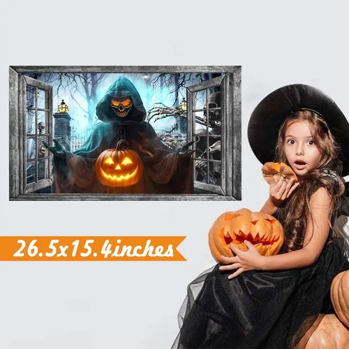 Vista 3 de Decoración de pared de Halloween, calcomanías de Halloween 3D para ventana falsa, despegar y pegar, calabazas, esqueleto, murales artísticos