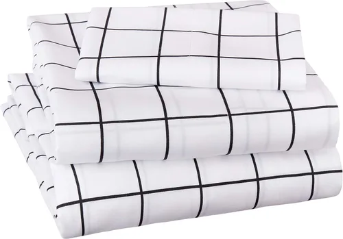Vista 8 de Amazon Basics Juego de sábanas de microfibra suave de 4 piezas con bolsillos laterales elásticos, Full, cuadrícula negra, geométrico