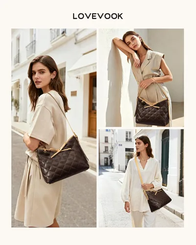Vista 2 de LOVEVOOK - Carteras para mujer, bolsos de mano de cuero suave estilo hobo, bolso bandolera acolchado, bolso de diseñador tipo bucket