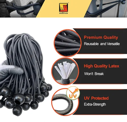 Vista 4 de Wellmax - Paquete de 100 cuerdas elásticas de bolas de 6 pulgadas – Resistentes, versátiles y construidas para durar, ideales para camping, amarres