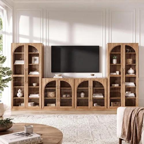 Vista 27 de BELLEZE Centro de entretenimiento modular de 4 piezas con almacenamiento, 2 vitrinas de madera moderna con gabinete arqueado y 2 armarios de puerta