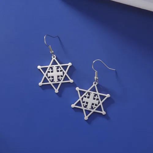 Vista 4 de Pendientes colgantes religiosos de acero inoxidable con cruz de Jerusalén y estrella de David
