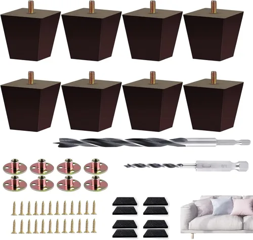 Vista 7 de Juego de 4 patas de sofá cuadradas para cama, patas de repuesto de madera de 2 pulgadas para muebles, color marrón oscuro