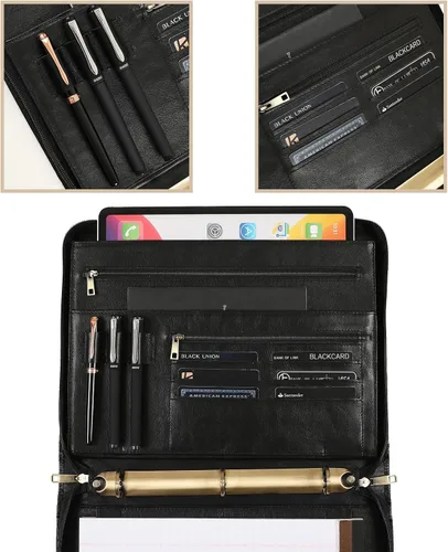 Vista 4 de Cartera de piel auténtica, carpeta de 3 anillas, organizador de padfolio de 11 x 14 pulgadas, carpeta profesional de negocios para hombres y mujeres