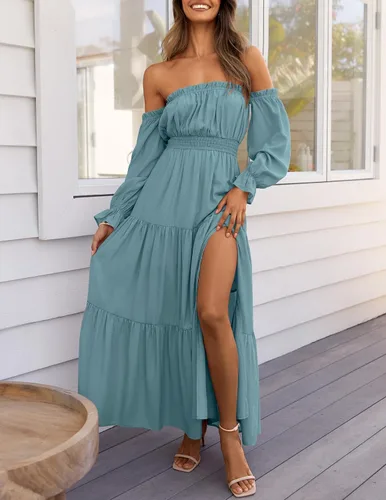 Vista 138 de ZESICA - Vestido largo, bohemio y sexy, con hombros descubiertos y manga larga fruncida, con elástico fruncido, cintura alta y abertura lateral