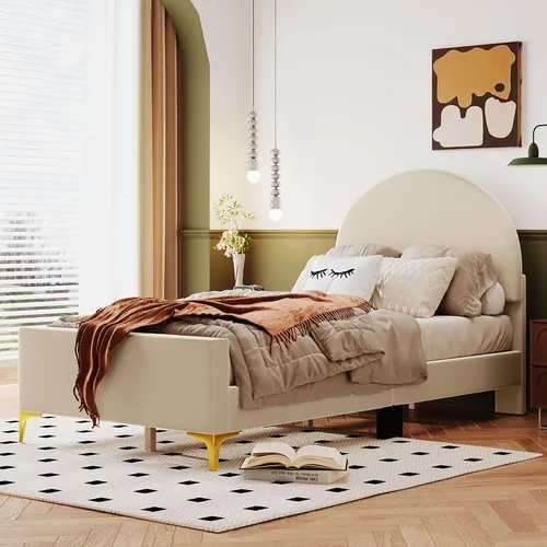 Vista 24 de Cama de plataforma tapizada de tamaño individual con cabecero en forma de oso y rayas de luz incrustadas, bonito marco de cama de plataforma