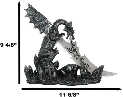 Vista 3 de Ebros Medieval Dreamwork Fantasía Dragón Fuego Aliento Daga Abrecartas Cuchillo con soporte de base, estatua de decoración de oficina en casa Figura