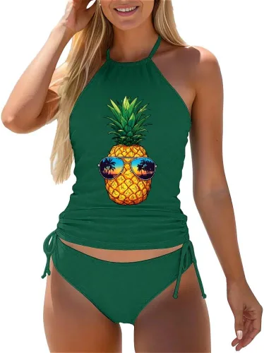Vista 57 de Omichic Trajes de baño tankini para mujer, de dos piezas, blusa tipo tankini modesta con parte inferior de bikini Negro