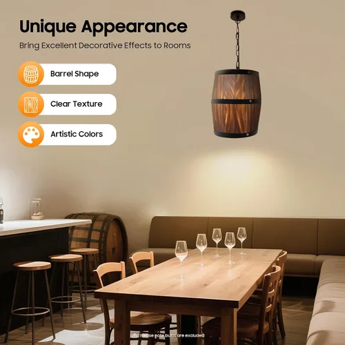Vista 6 de Candelabro rústico de madera con barril de vino, con certificación UL, lámpara colgante vintage con cadena ajustable (3.9-35.4 in), enchufe E26