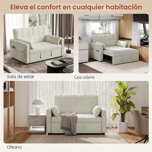 Vista 7 de Yaheetech Sofá cama convertible 3 en 1, sofá cama plegable de terciopelo con respaldo ajustable, almohadas para reposabrazos, puertos USB, bolsillos