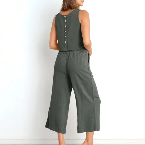 Vista 3 de Ganfancp Conjunto de 2 piezas para mujer, de verano, casual, de algodón, lino, sin mangas, con botones en la espalda, pantalones de pierna ancha