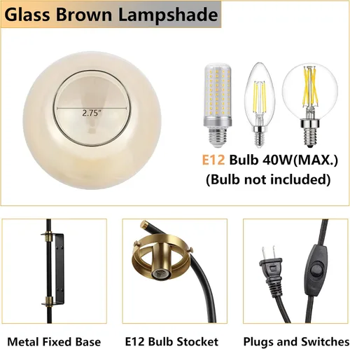 Vista 4 de ELEHINSER Juego de 2 apliques de pared negros con pantalla de globo, modernas lámparas de pared para interiores con enchufe con interruptor, luz