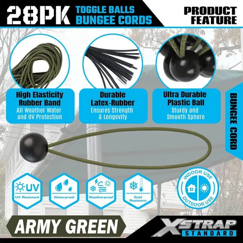 Vista 5 de XSTRAP STANDARD Paquete de 28 cuerdas elásticas resistentes de 9 pulgadas, bolas elásticas de lona para toldo, tienda de campaña, carga, cables