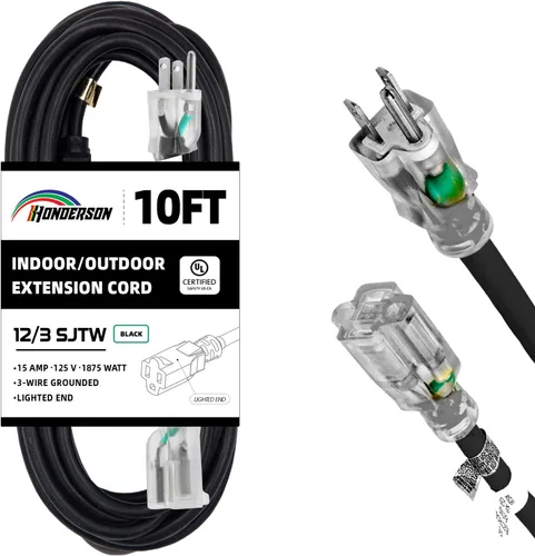 Vista 16 de Cable de Extensión HONDERSON con Extremo Iluminado, Certificado UL, Calibre 10, 1 Pie, Negro, 3 Puntas, Resistente, 10/3 SJTW, 15A, Cable de Energía