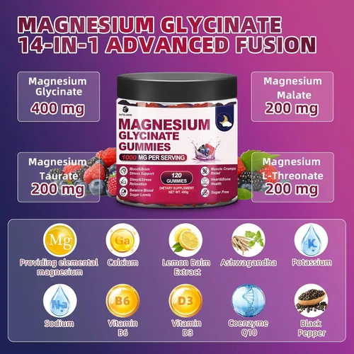 Vista 4 de 120 unidades de gomitas de glicinato de magnesio de 1000 mg para mujeres y hombres, suplementos de malato de magnesio y taurato para dormir, apoyo