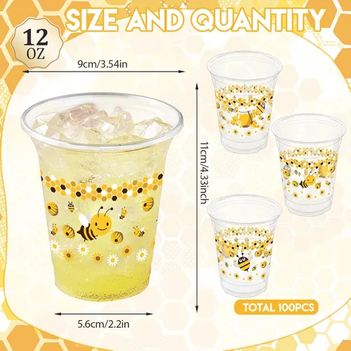 Vista 2 de 100 piezas de vasos de plástico con temática de abejas para fiesta, 12 onzas, vasos desechables de miel, vasos transparentes con lindo tema