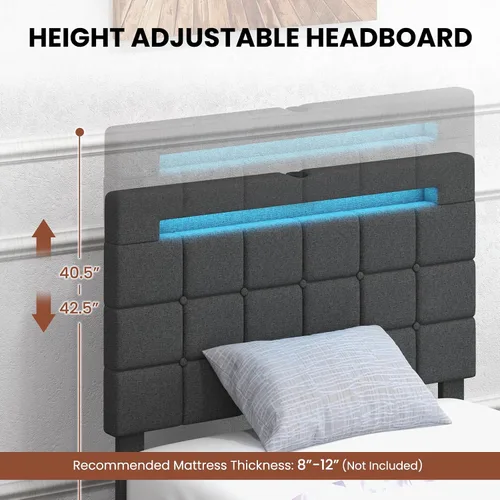 Vista 6 de Giantex Base de cama individual con luces LED y 4 cajones, base de cama de plataforma tapizada con puertos USB, diseño de cabecera ajustable
