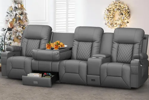 Vista 9 de YONISEE - Juego de sofá reclinable moderno - Sofá de 3 asientos y 1 silla reclinable giratoria con calor y masaje para sala de estar (3+1)