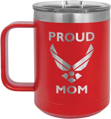 Vista 13 de PROUD AIR FORCE MOM BLACK Taza de café de 15 oz con tapa deslizante Taza de café de viaje aislada Ideas de regalo del día de la madre de hijo