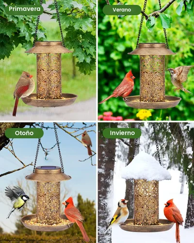 Vista 7 de SWEETFULL Comedero Solar para Pájaros para Exteriores Colgante, Comedero de Metal para Pájaros Silvestres para Cardenales, Farol Solar de Jardín