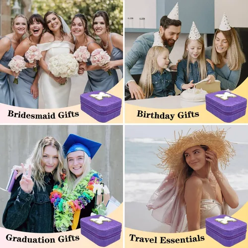 Vista 7 de Organizador de joyas de viaje, regalo para mujeres y niñas, caja de joyería de viaje grande portátil, estuche de joyería de viaje morado
