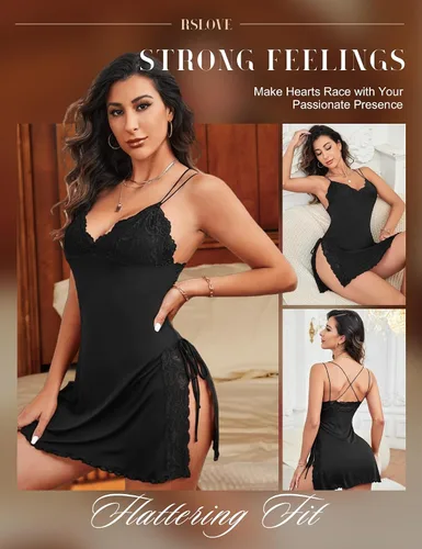 Vista 3 de RSLOVE Lencería sexy para mujer, camisón de encaje con abertura lateral, camisón modal para dormir